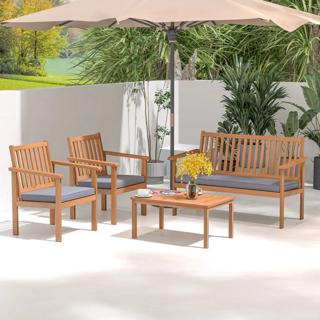 4 Piece Patio Wood Furniture Set Acacia Wood Sofa Set with Loveseat-Gray - Gray - Patio Conversation Sets