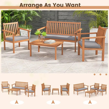 4 Piece Patio Wood Furniture Set Acacia Wood Sofa Set with Loveseat-Gray - Gray - Patio Conversation Sets