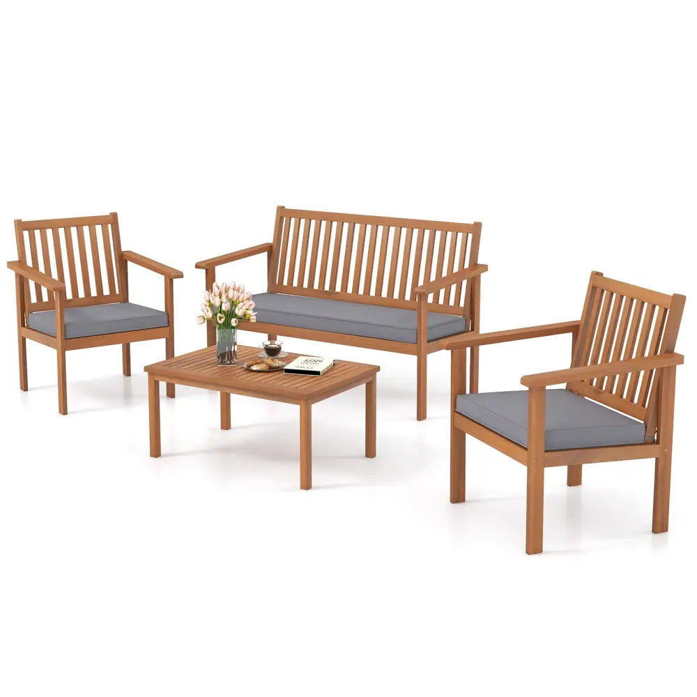 4 Piece Patio Wood Furniture Set Acacia Wood Sofa Set with Loveseat-Gray - Gray - Patio Conversation Sets