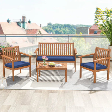 4 Piece Patio Wood Furniture Set Acacia Wood Sofa Set with Loveseat-Navy - Navy - Patio Conversation Sets
