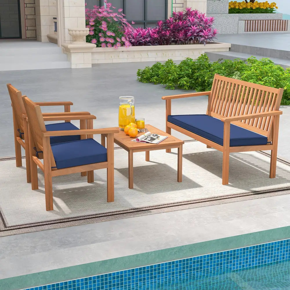 4 Piece Patio Wood Furniture Set Acacia Wood Sofa Set with Loveseat-Navy - Navy - Patio Conversation Sets