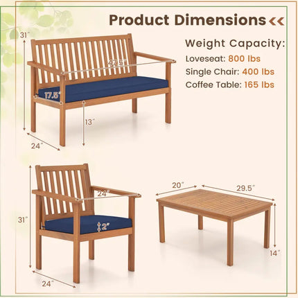 4 Piece Patio Wood Furniture Set Acacia Wood Sofa Set with Loveseat-Navy - Navy - Patio Conversation Sets
