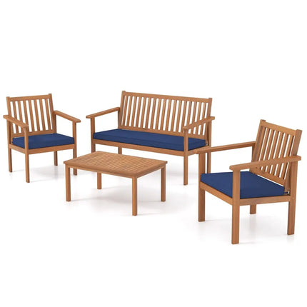 4 Piece Patio Wood Furniture Set Acacia Wood Sofa Set with Loveseat-Navy - Navy - Patio Conversation Sets