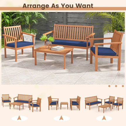 4 Piece Patio Wood Furniture Set Acacia Wood Sofa Set with Loveseat-Navy - Navy - Patio Conversation Sets