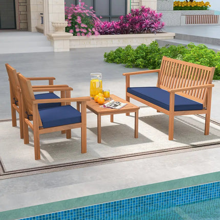 4 Piece Patio Wood Furniture Set Acacia Wood Sofa Set with Loveseat-Navy - Navy - Patio Conversation Sets