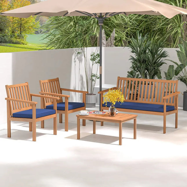 4 Piece Patio Wood Furniture Set Acacia Wood Sofa Set with Loveseat-Navy - Navy - Patio Conversation Sets