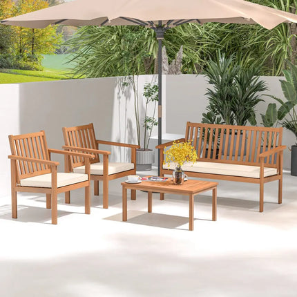 4 Piece Patio Wood Furniture Set Acacia Wood Sofa Set with Loveseat-Off White - Off White - Patio Conversation Sets