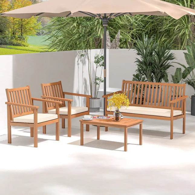 4 Piece Patio Wood Furniture Set Acacia Wood Sofa Set with Loveseat-Off White - Off White - Patio Conversation Sets