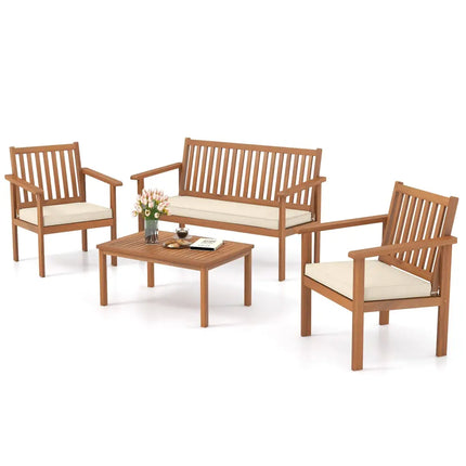 4 Piece Patio Wood Furniture Set Acacia Wood Sofa Set with Loveseat-Off White - Off White - Patio Conversation Sets