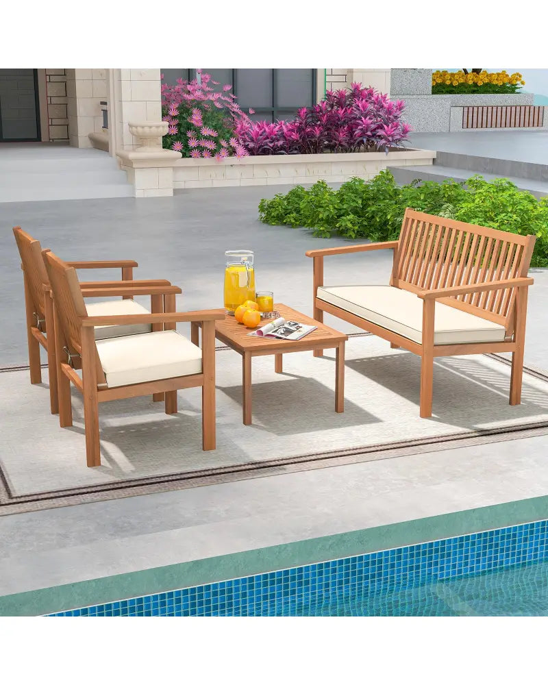 4 Piece Patio Wood Furniture Set Acacia Wood Sofa Set with Loveseat-Off White - Off White - Patio Conversation Sets
