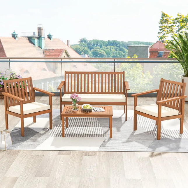 4 Piece Patio Wood Furniture Set Acacia Wood Sofa Set with Loveseat-Off White - Off White - Patio Conversation Sets