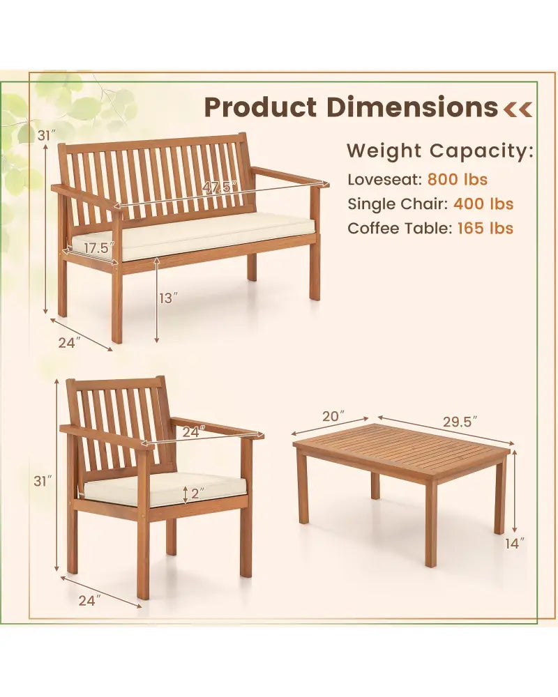 4 Piece Patio Wood Furniture Set Acacia Wood Sofa Set with Loveseat-Off White - Off White - Patio Conversation Sets