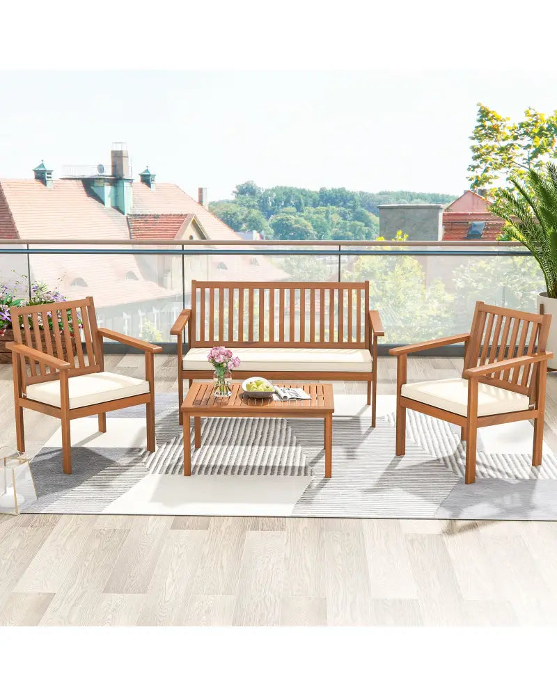 4 Piece Patio Wood Furniture Set Acacia Wood Sofa Set with Loveseat-Off White - Off White - Patio Conversation Sets
