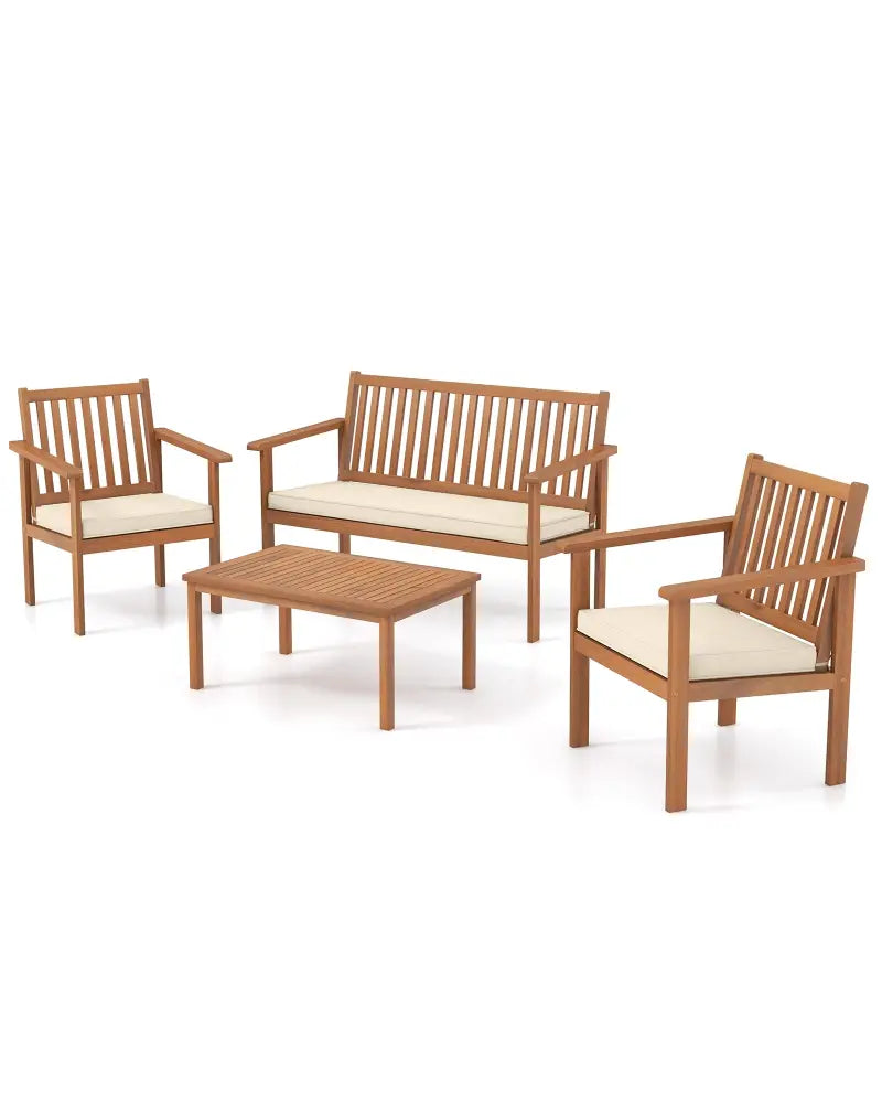 4 Piece Patio Wood Furniture Set Acacia Wood Sofa Set with Loveseat-Off White - Off White - Patio Conversation Sets