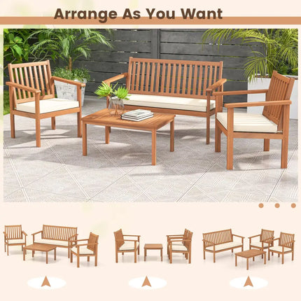4 Piece Patio Wood Furniture Set Acacia Wood Sofa Set with Loveseat-Off White - Off White - Patio Conversation Sets