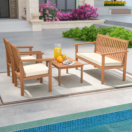 4 Piece Patio Wood Furniture Set Acacia Wood Sofa Set with Loveseat-Off White - Off White - Patio Conversation Sets
