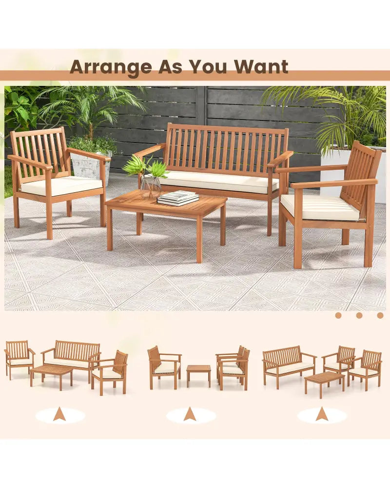 4 Piece Patio Wood Furniture Set Acacia Wood Sofa Set with Loveseat-Off White - Off White - Patio Conversation Sets