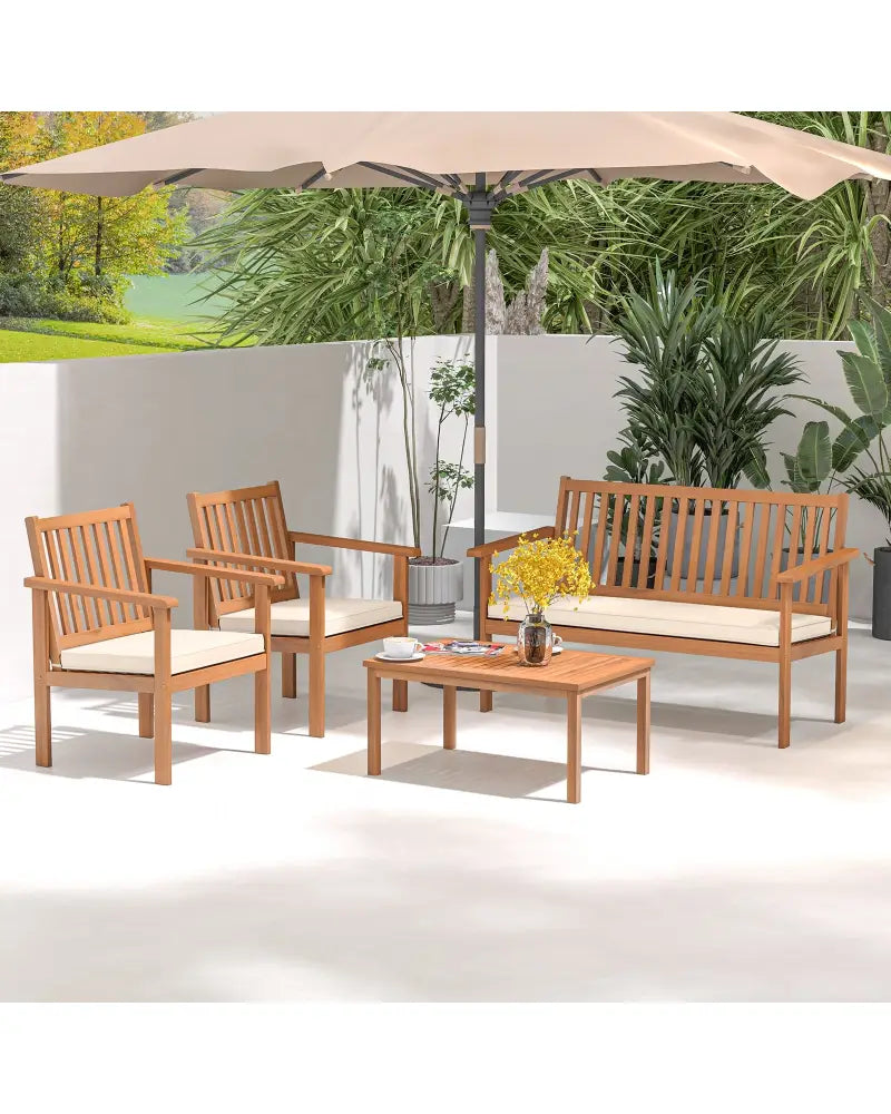 4 Piece Patio Wood Furniture Set Acacia Wood Sofa Set with Loveseat-Off White - Off White - Patio Conversation Sets