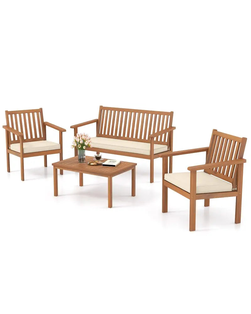 4 Piece Patio Wood Furniture Set Acacia Wood Sofa Set with Loveseat-Off White - Off White - Patio Conversation Sets