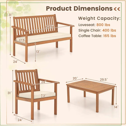 4 Piece Patio Wood Furniture Set Acacia Wood Sofa Set with Loveseat-Off White - Off White - Patio Conversation Sets