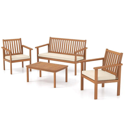 4 Piece Patio Wood Furniture Set Acacia Wood Sofa Set with Loveseat-Off White - Off White - Patio Conversation Sets