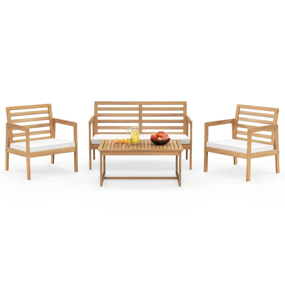4 Piece Wood Patio Conversation Set with 2 Armchairs and Coffee Table-White - White - Patio Conversation Sets