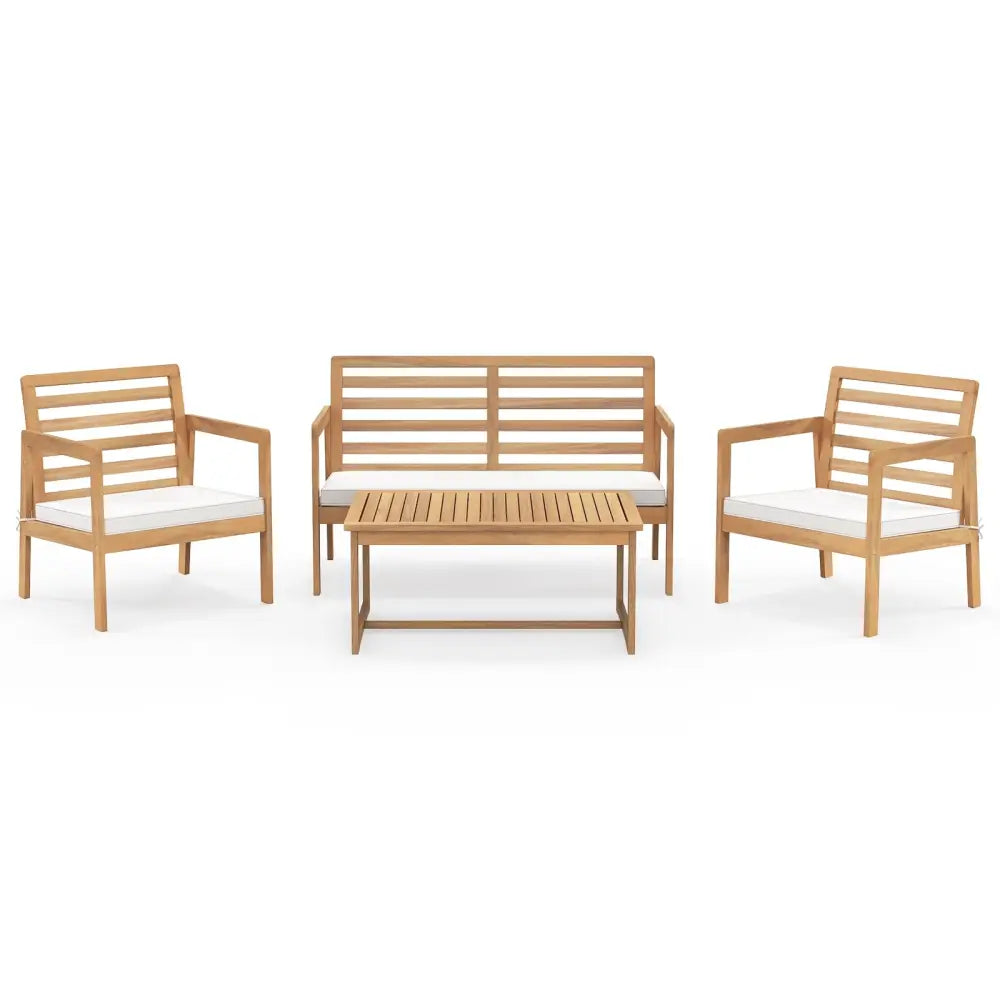 4 Piece Wood Patio Conversation Set with 2 Armchairs and Coffee Table-White - White - Patio Conversation Sets