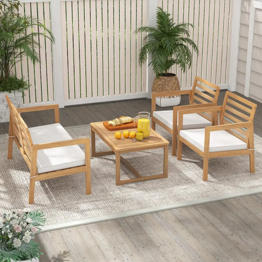 4 Piece Wood Patio Conversation Set with 2 Armchairs and Coffee Table-White - White - Patio Conversation Sets
