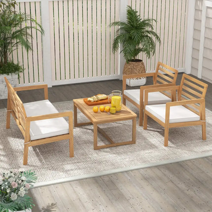 4 Piece Wood Patio Conversation Set with 2 Armchairs and Coffee Table-White - White - Patio Conversation Sets