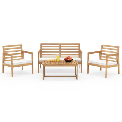 4 Piece Wood Patio Conversation Set with 2 Armchairs and Coffee Table-White - White - Patio Conversation Sets