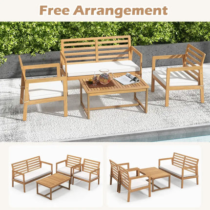 4 Piece Wood Patio Conversation Set with 2 Armchairs and Coffee Table-White - White - Patio Conversation Sets