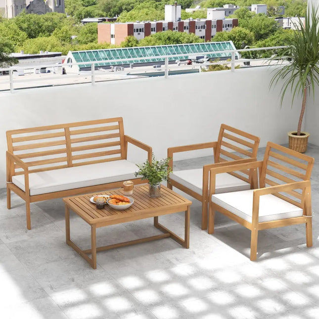 4 Piece Wood Patio Conversation Set with 2 Armchairs and Coffee Table-White - White - Patio Conversation Sets