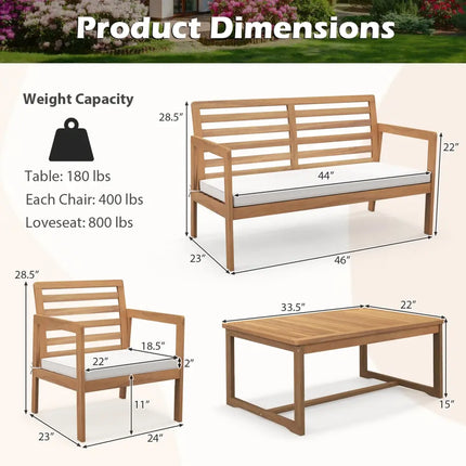 4 Piece Wood Patio Conversation Set with 2 Armchairs and Coffee Table-White - White - Patio Conversation Sets