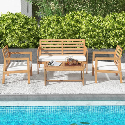 4 Piece Wood Patio Conversation Set with 2 Armchairs and Coffee Table-White - White - Patio Conversation Sets