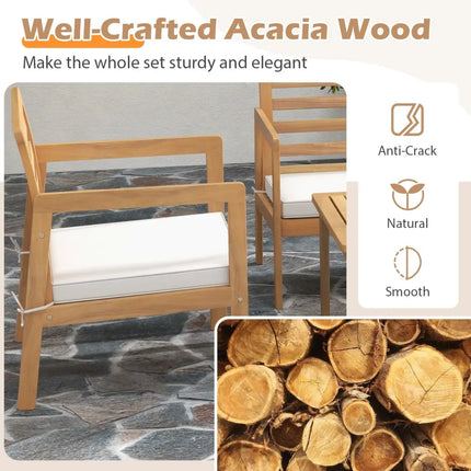 4 Piece Wood Patio Conversation Set with 2 Armchairs and Coffee Table-White - White - Patio Conversation Sets