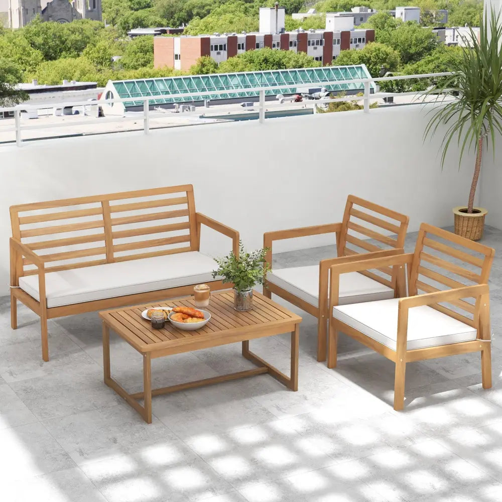 4 Piece Wood Patio Conversation Set with 2 Armchairs and Coffee Table-White - White - Patio Conversation Sets