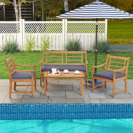 4 Piece Wood Patio Furniture with Armchairs Loveseat and Coffee Table-Gray - Gray - Patio Conversation Sets
