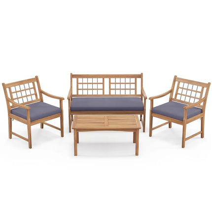 4 Piece Wood Patio Furniture with Armchairs Loveseat and Coffee Table-Gray - Gray - Patio Conversation Sets