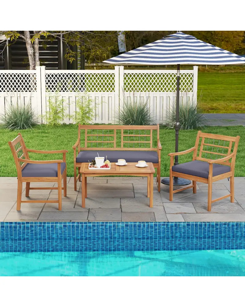 4 Piece Wood Patio Furniture with Armchairs Loveseat and Coffee Table-Gray - Gray - Patio Conversation Sets
