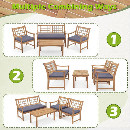 4 Piece Wood Patio Furniture with Armchairs Loveseat and Coffee Table-Gray - Gray - Patio Conversation Sets