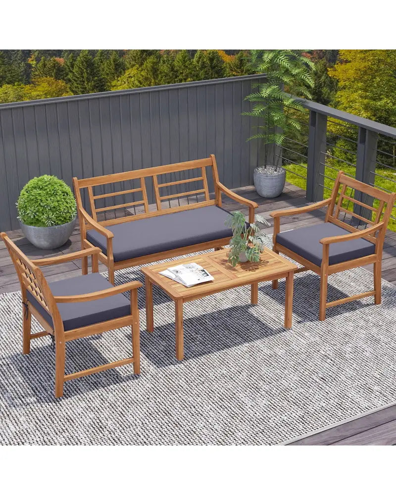 4 Piece Wood Patio Furniture with Armchairs Loveseat and Coffee Table-Gray - Gray - Patio Conversation Sets