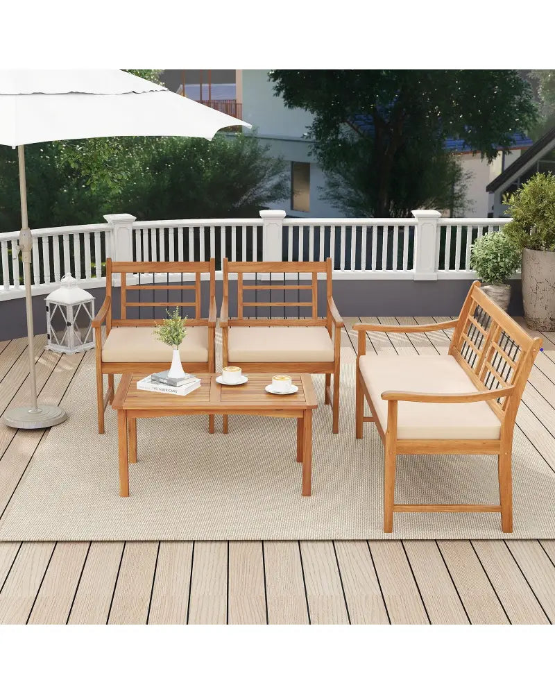 4 Piece Wood Patio Furniture with Armchairs Loveseat and Coffee Table-Off White - Off White - Patio Conversation Sets