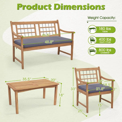 4 Piece Wood Patio Furniture with Armchairs Loveseat and Coffee Table-Gray - Gray - Patio Conversation Sets