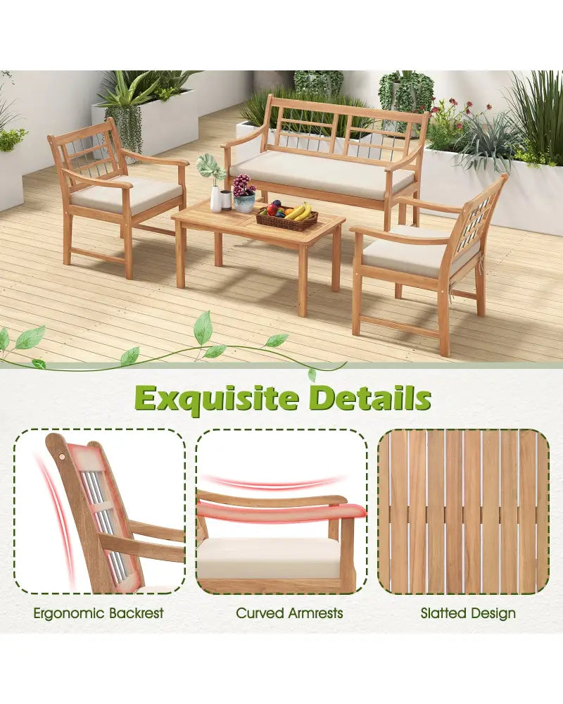 4 Piece Wood Patio Furniture with Armchairs Loveseat and Coffee Table-Off White - Off White - Patio Conversation Sets