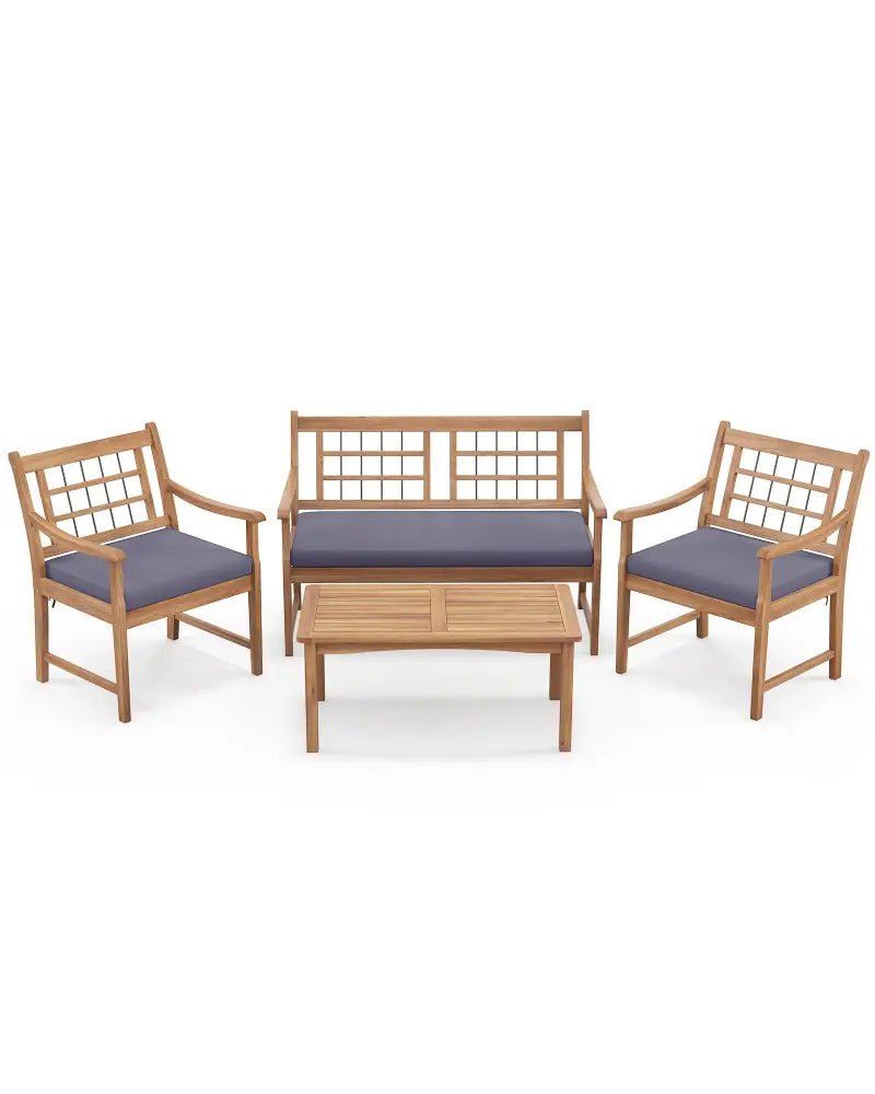 4 Piece Wood Patio Furniture with Armchairs Loveseat and Coffee Table-Gray - Gray - Patio Conversation Sets