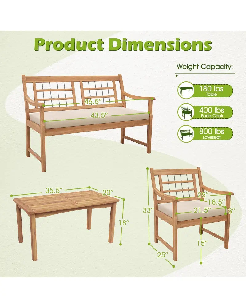 4 Piece Wood Patio Furniture with Armchairs Loveseat and Coffee Table-Off White - Off White - Patio Conversation Sets