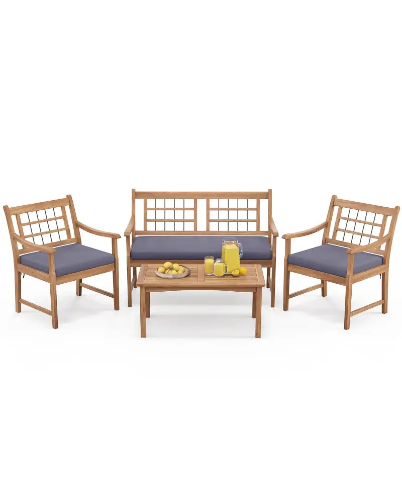 4 Piece Wood Patio Furniture with Armchairs Loveseat and Coffee Table-Gray - Gray - Patio Conversation Sets