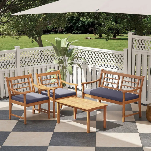 4 Piece Wood Patio Furniture with Armchairs Loveseat and Coffee Table-Gray - Gray - Patio Conversation Sets