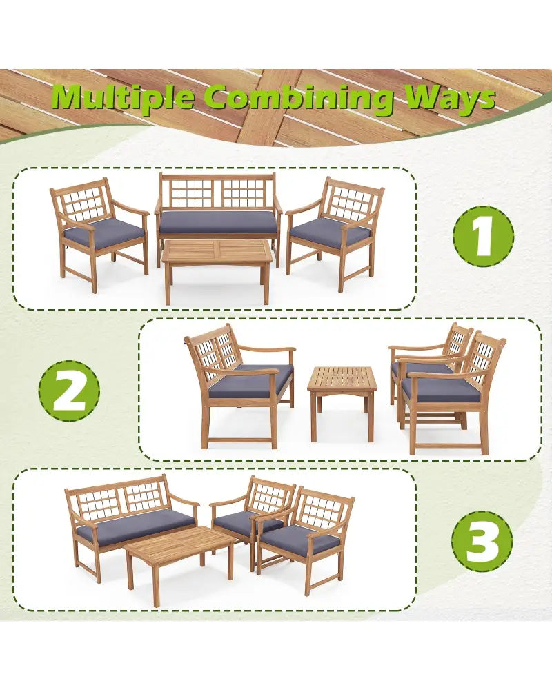 4 Piece Wood Patio Furniture with Armchairs Loveseat and Coffee Table-Gray - Gray - Patio Conversation Sets