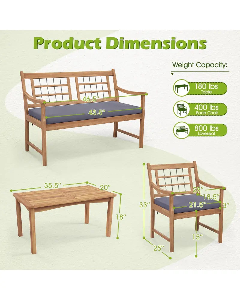 4 Piece Wood Patio Furniture with Armchairs Loveseat and Coffee Table-Gray - Gray - Patio Conversation Sets